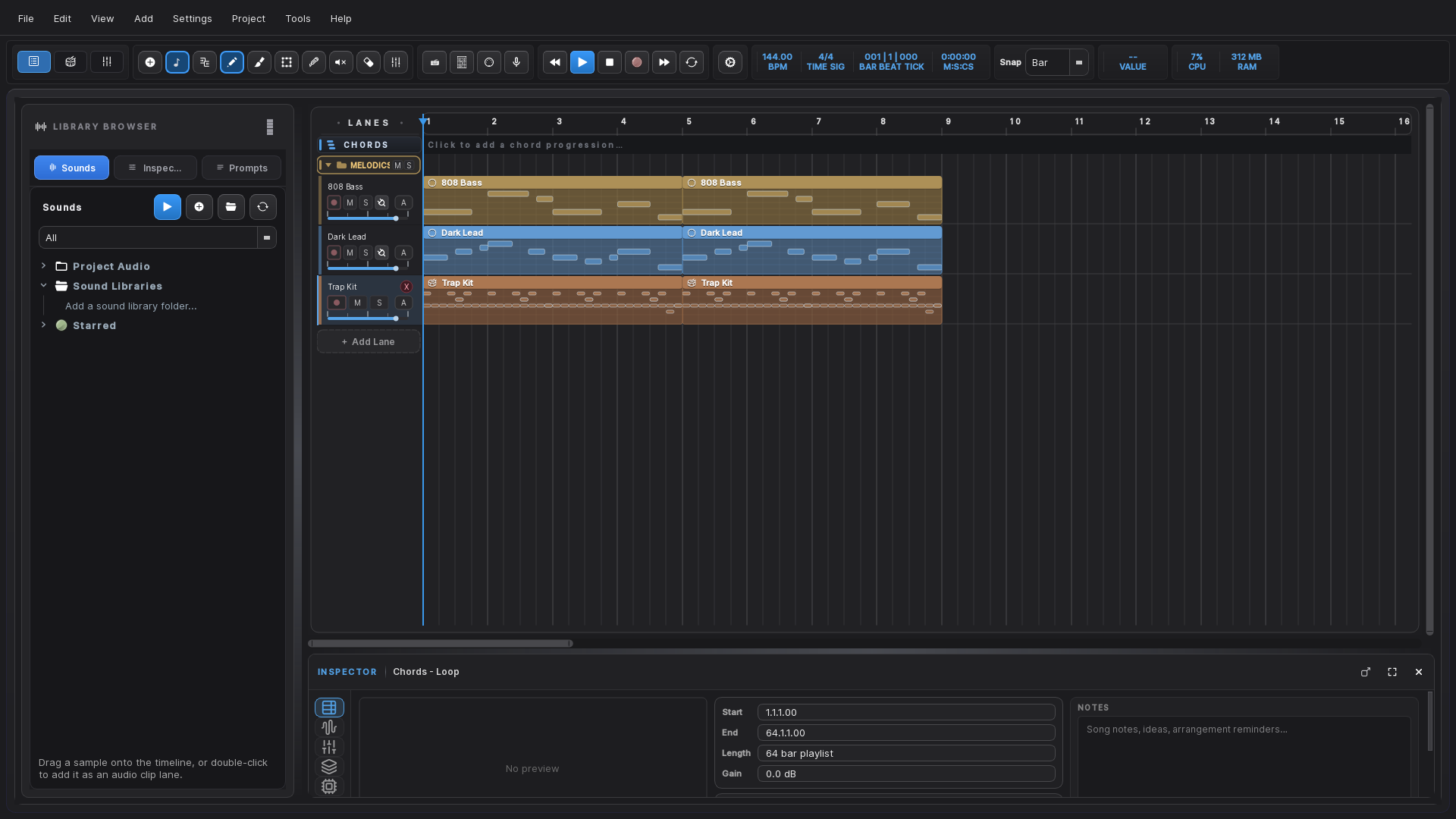The MuseLab Studio arrangement view with drum, bass and lead lanes