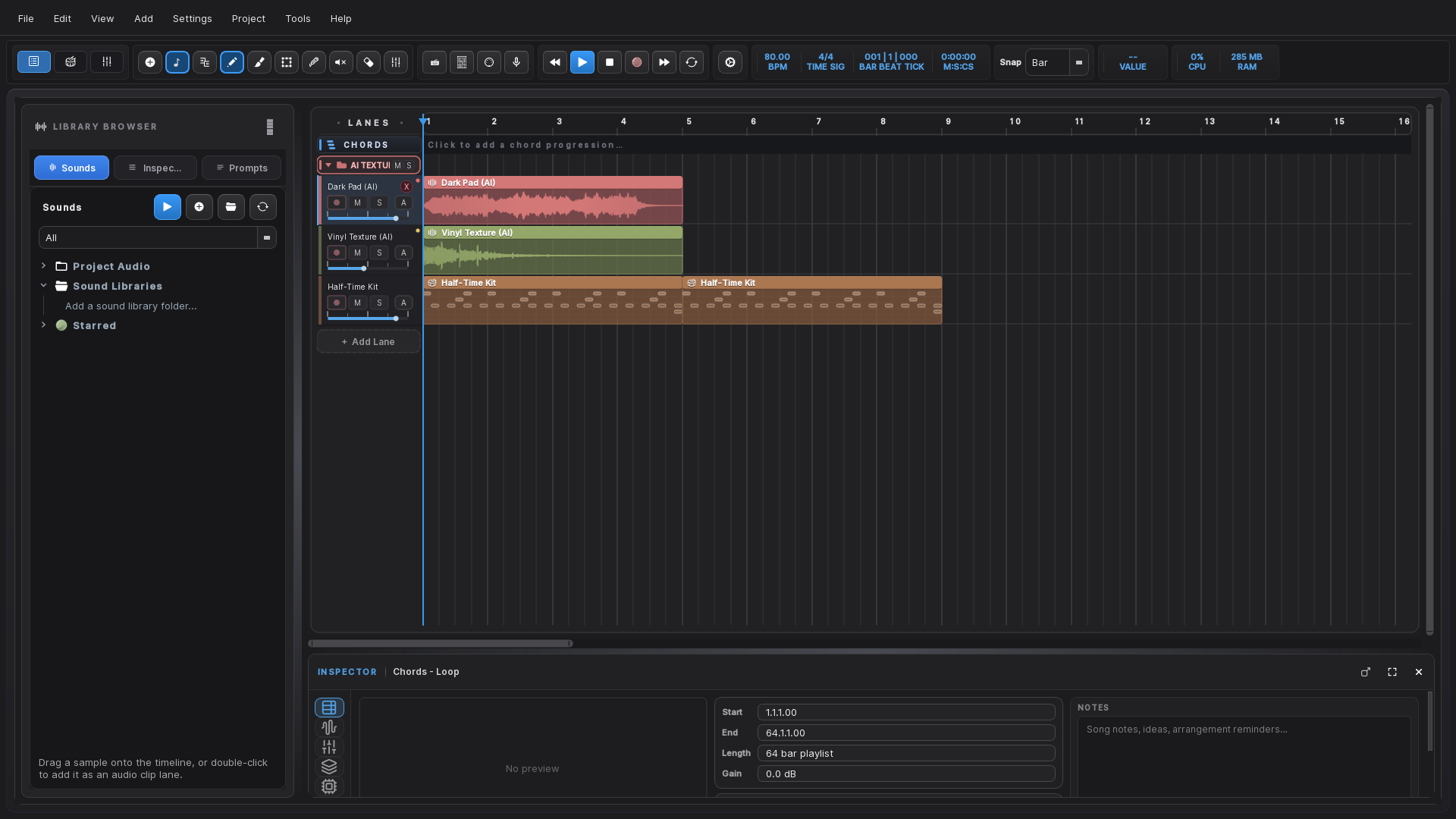 AI-generated audio loops in the arrangement